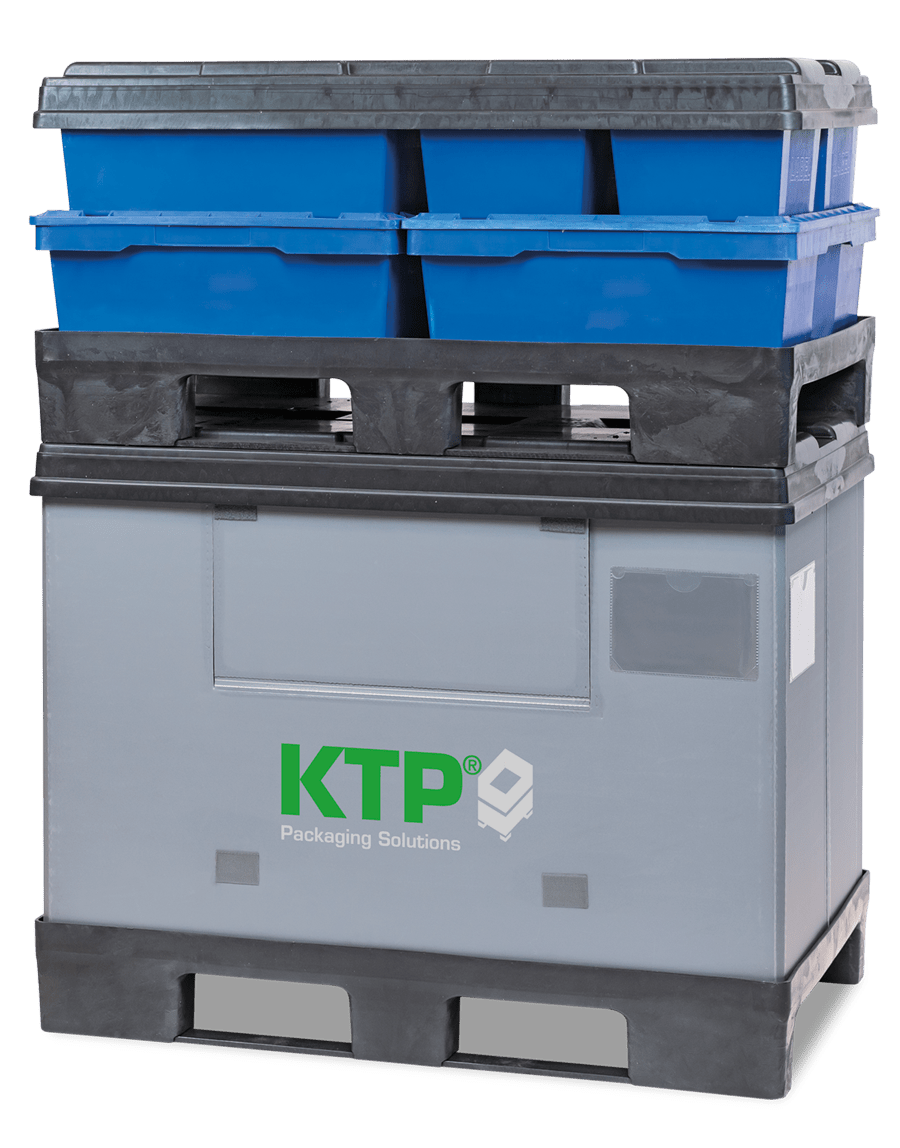 A stack of two blue containers on top of a gray storage bin labeled "KTP Packaging Solutions."