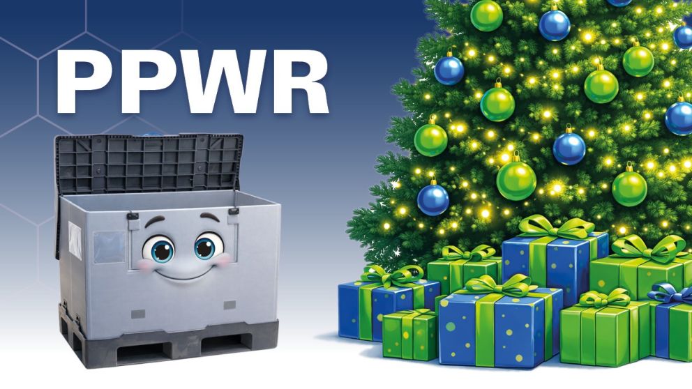 A cartoonish storage container with a smiling face next to a decorated Christmas tree and presents, with the letters "PPWR" above.
