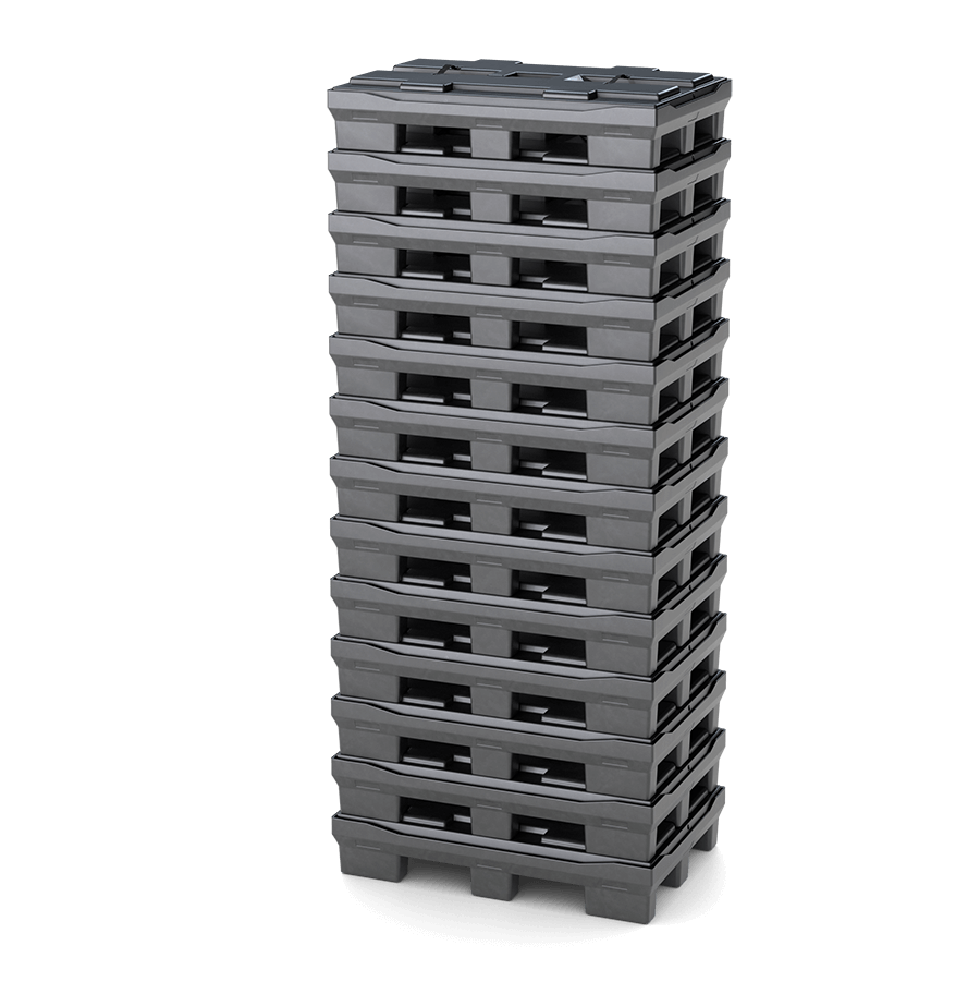 A tall stack of gray plastic pallets.