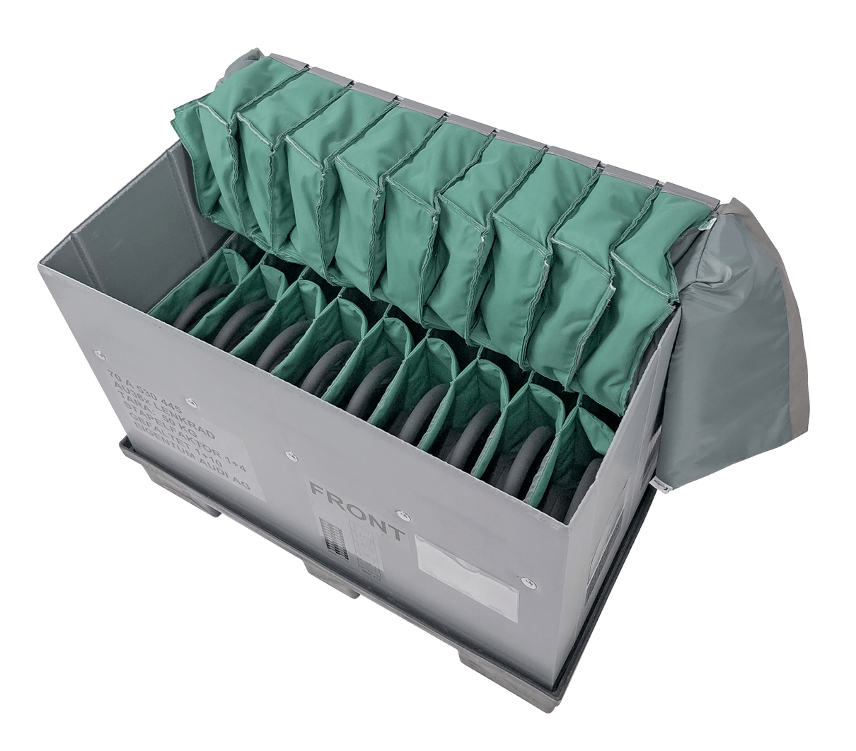 A gray shipping container with a padded green interior, designed to hold and protect items, shown from above with the lid partially open.