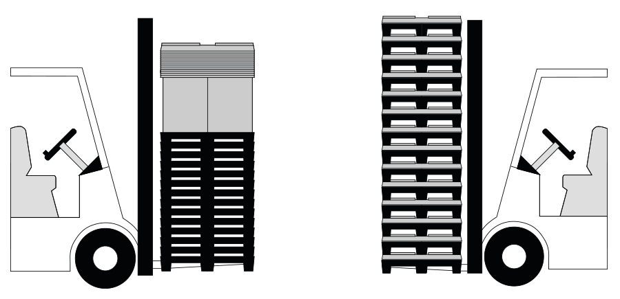 Two stylized forklifts facing each other, one holding stacked pallets and the other holding a vertical stack of pallets.