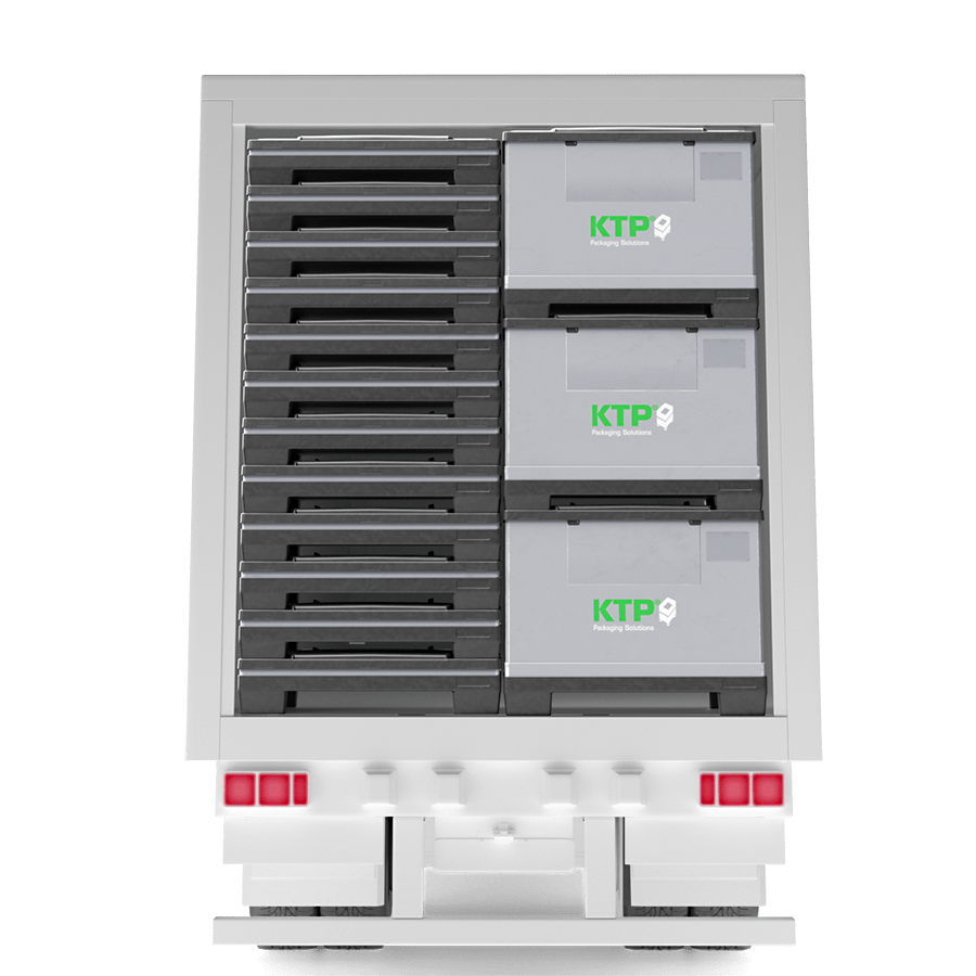 A white delivery truck with a rear view showcasing stacked gray storage bins marked with "KTP Packaging Solutions."