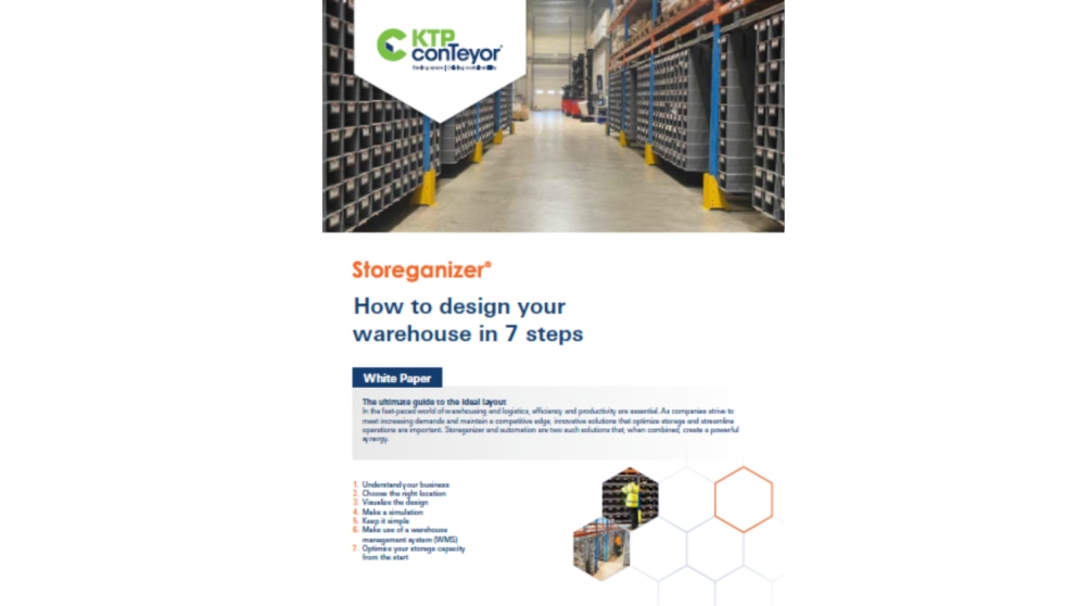 White paper titled "Store organizer: How to design your warehouse in 7 steps," featuring a warehouse interior with shelves and storage containers.
