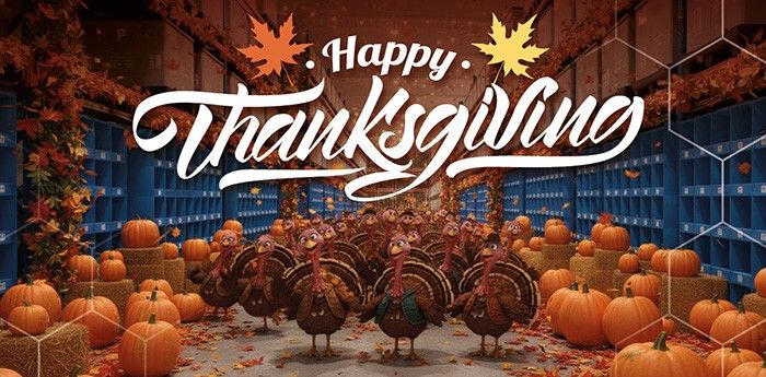 A festive Thanksgiving scene featuring animated turkeys in a decorated warehouse, surrounded by pumpkins and autumn leaves, with the text "Happy Thanksgiving" prominently displayed.