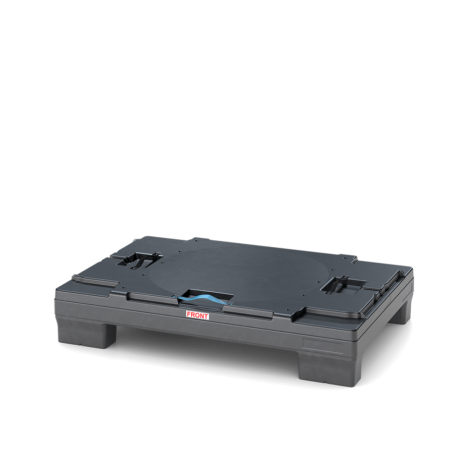 A black plastic pallet with a circular cutout and labeled "FRONT."