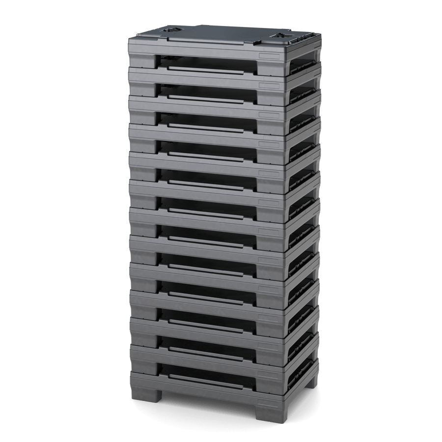 A tall stack of gray plastic storage containers with open handles.