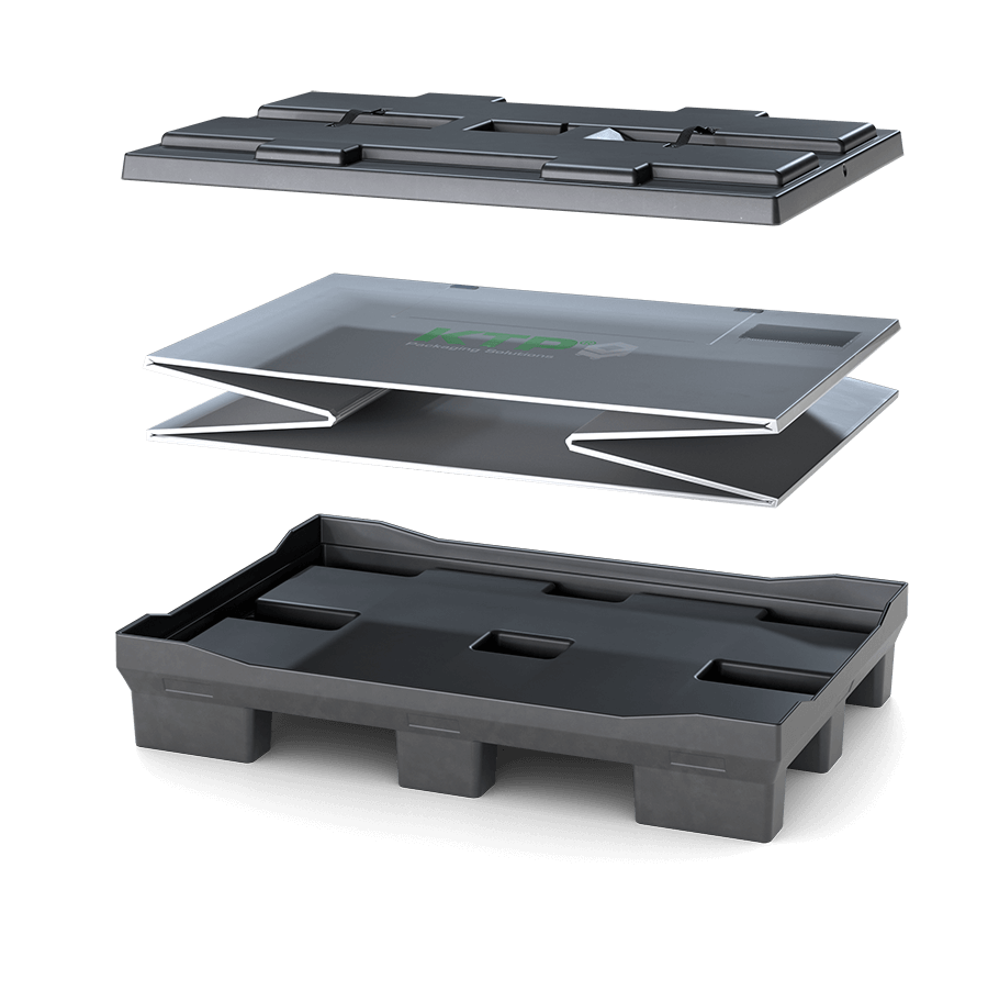 Three-layered packaging system featuring a top layer, a middle layer, and a base layer, all designed for efficient storage and transport.