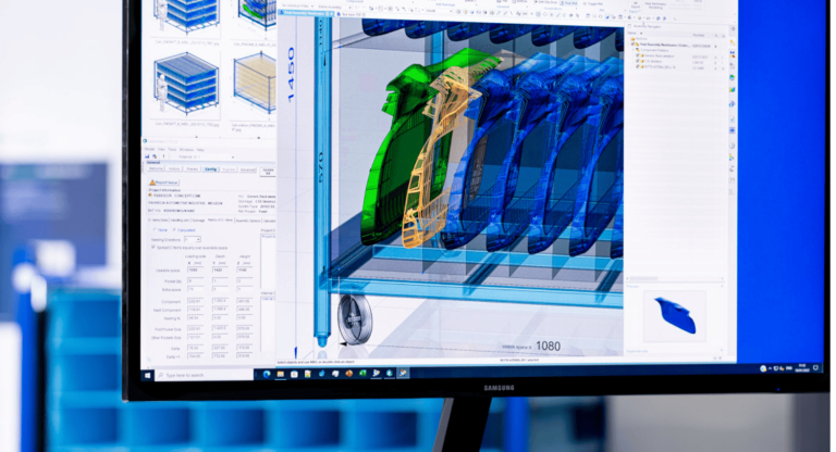 3D rendering of a complex mechanical component displayed on a computer monitor, with technical design software and data on the screen.