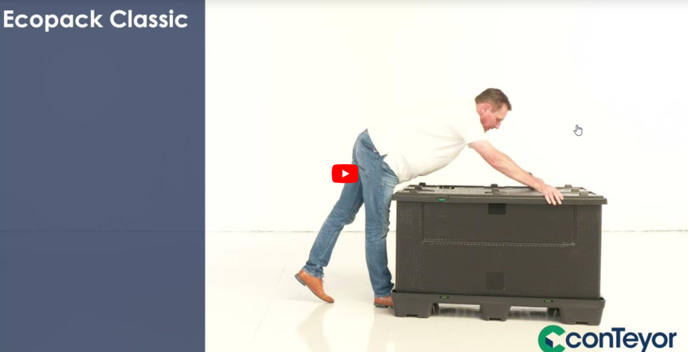 A man demonstrating the operation of a black Ecopack Classic container, with a youtube icon visible on the left.