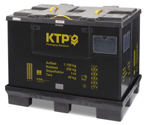 Heavy-duty black plastic container with yellow handles and labels, marked with weight capacities and the brand "KTP Packaging Solutions."