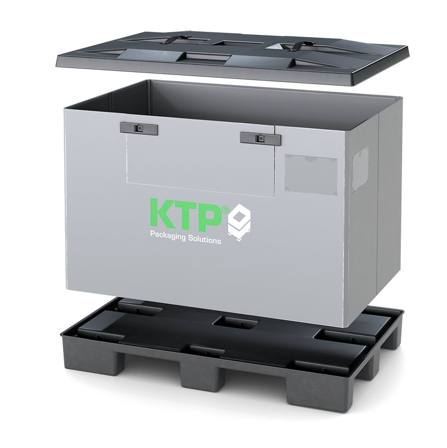 A gray industrial packaging box with an open lid, featuring the logo "KTP Packaging Solutions," placed on a black pallet.