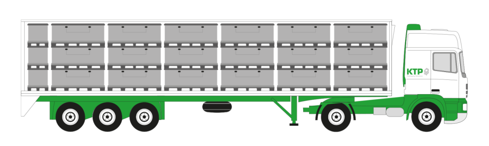 Side view illustration of a truck with a large trailer, featuring multiple gray storage containers, and marked with the logo "KTP" on the cab.