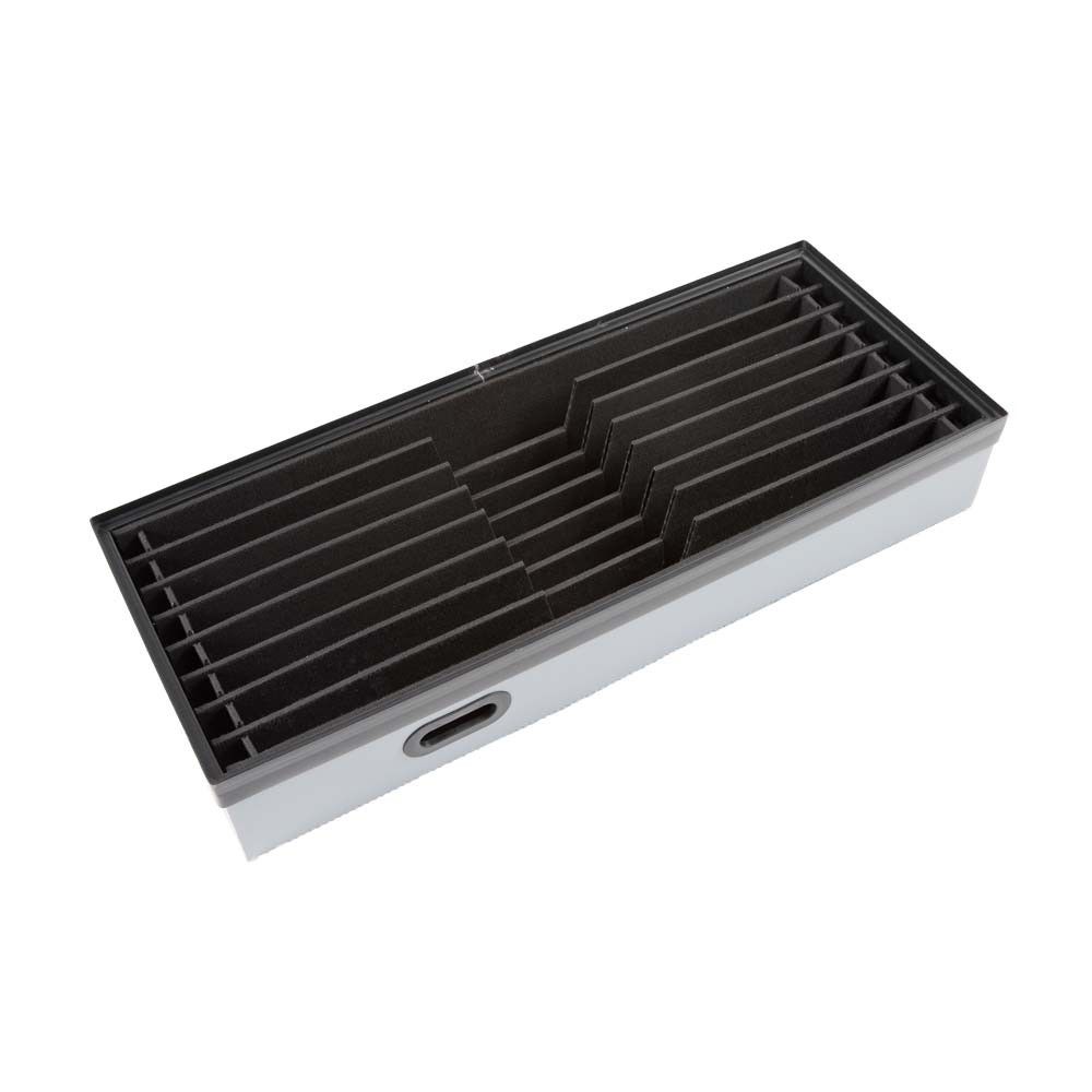 A rectangular storage tray with multiple compartments, featuring a grey exterior and black interior dividers.