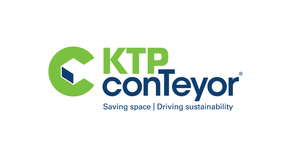 Logo of KTP conTeyor with the slogan "Saving space | Driving sustainability." The logo features a green circular shape and a blue text.