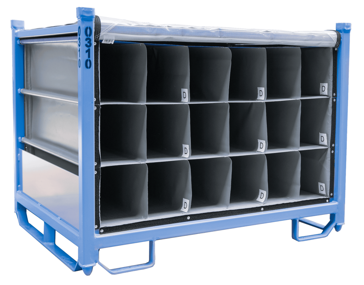 Blue metal storage container with multiple compartments, designed for organization and easy access to items.