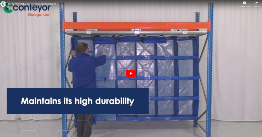 A person demonstrating the installation of a recyclable storage organizer on a rack, with a blue background and a text overlay stating "Maintains its high durability."