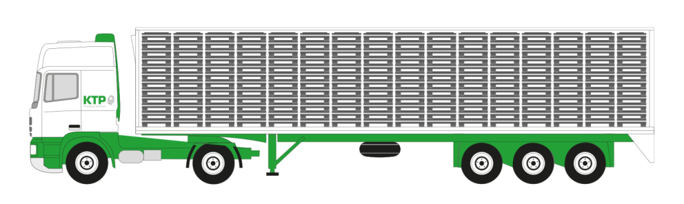 A side view illustration of a green and white truck with a trailer featuring multiple storage compartments, labeled "KTP" on the cab.