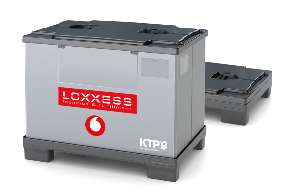 A gray logistics container with a black lid, featuring the logo "LOXXESS logistics & fulfillment" and a red circular symbol, next to a matching lid.