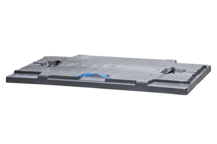 A rectangular, gray plastic pallet with a blue strap, resting flat on a surface.