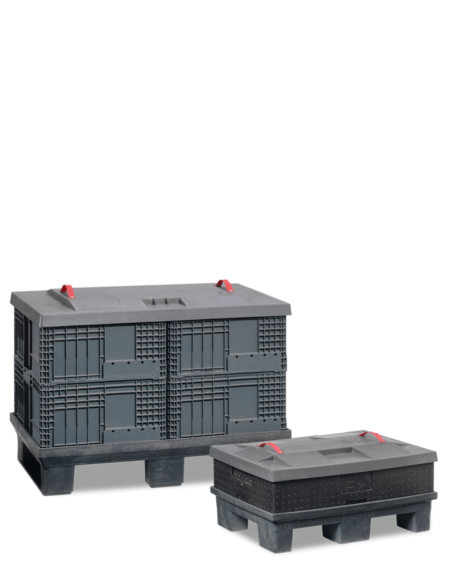 Two stacked gray plastic containers with red handles, one larger and one smaller, on a transparent background.