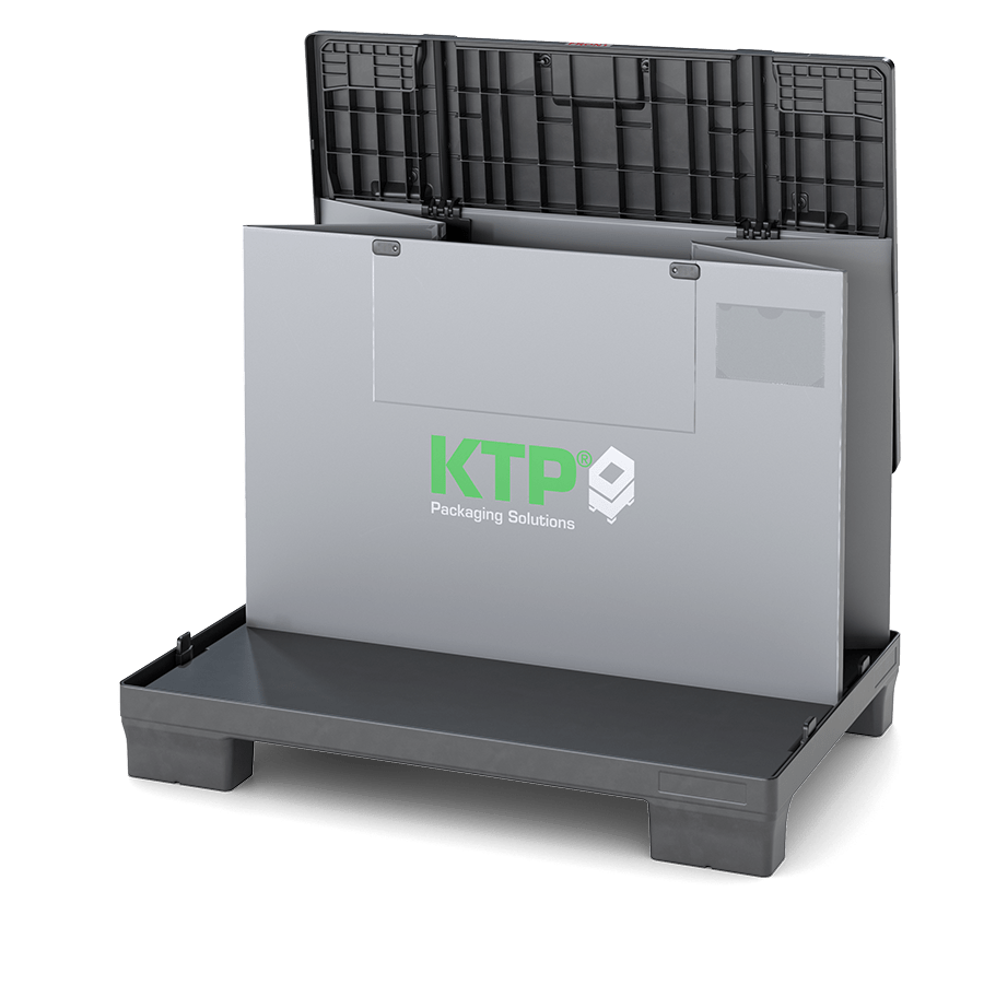 A gray packaging solution display stand with a black base, featuring the logo "KTP Packaging Solutions" prominently on the front.