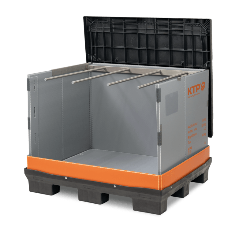 A large, open-ended storage container with a black lid, grey sides, and an orange base, equipped with hanging rods inside.
