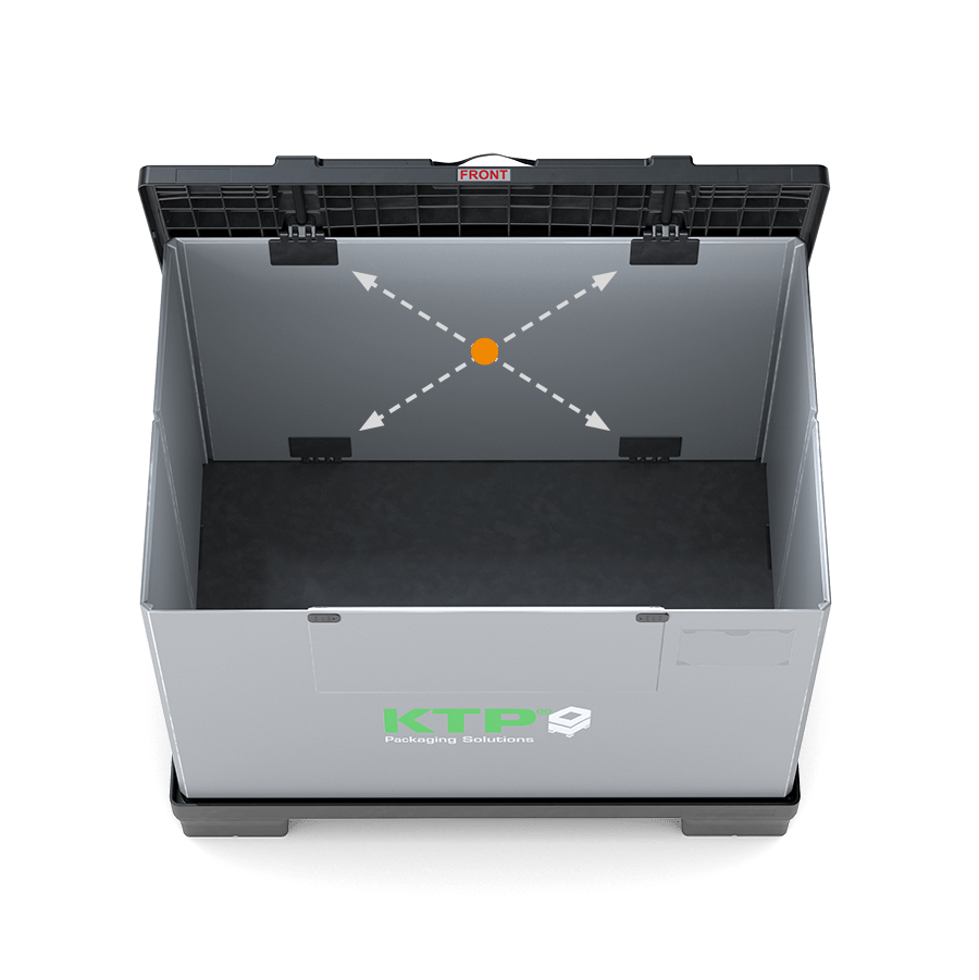 A top-down view of an empty packaging container with arrows pointing to a central orange dot, labeled "FRONT" at the top and featuring the KTP logo on the side.