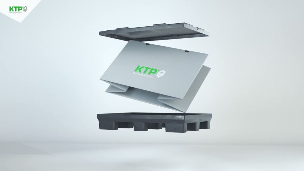 3D rendering of a packaging solution featuring a removable lid and base, with the KTP logo prominently displayed.