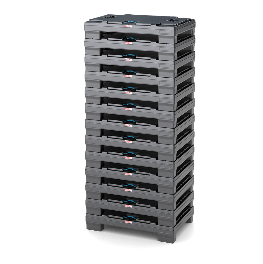 A stacked arrangement of black plastic storage bins with blue and red accents, labeled "FRONT."