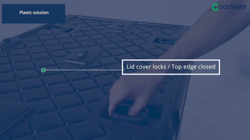 Close-up of a person's hand locking the lid cover of a plastic container, with text labels indicating "Lid cover locks / Top edge closed" and "Plastic solution."