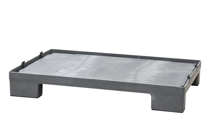 A rectangular black and gray plastic pallet with raised edges.