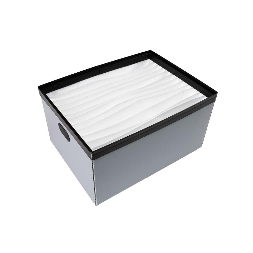 A gray storage box with a black lid and wavy white liner.