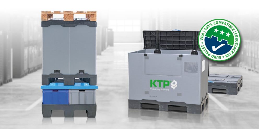A display of two types of stackable packaging solutions, one with wooden pallets on top and another with a lid, highlighted with a certification badge indicating compatibility with Euro pallets.