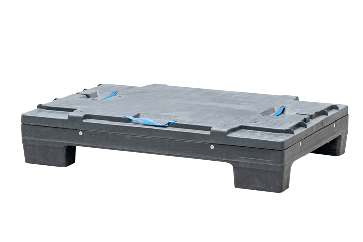 A sturdy black plastic pallet with blue handles, designed for transporting and storing goods.