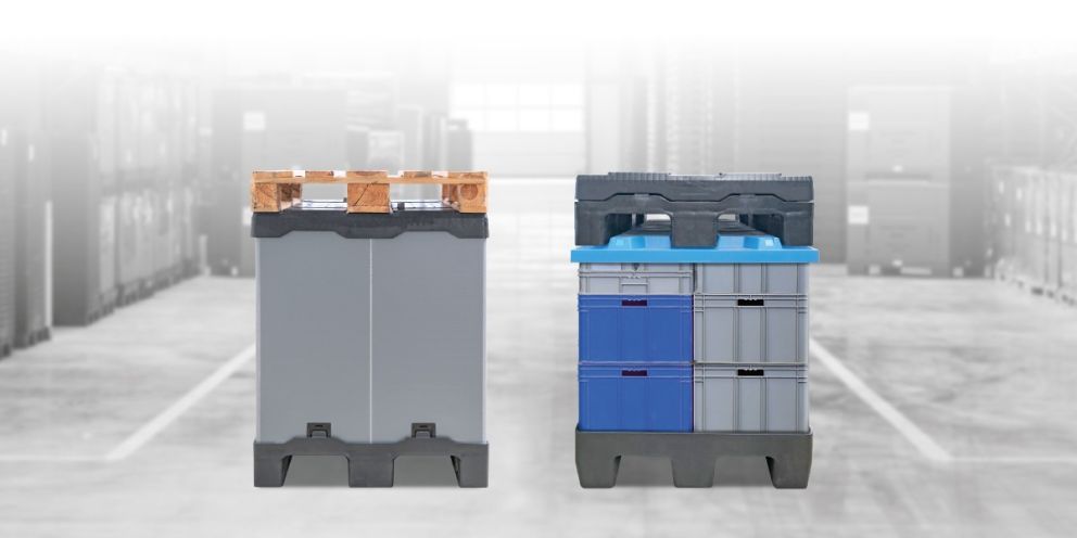 Two types of storage containers side by side: a wooden pallet container on the left and a plastic container with blue and grey sections on the right, with a warehouse background.
