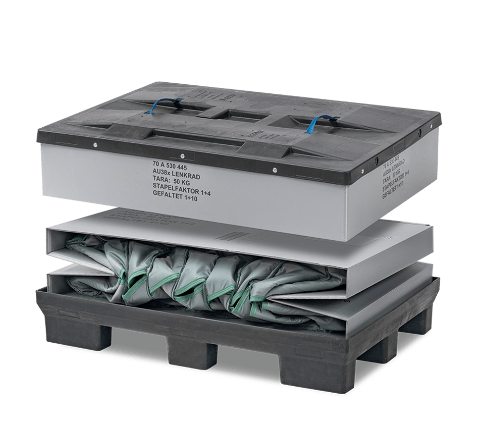 Stacked shipping containers on a black pallet, with labeled compartments and a top cover featuring a handle.