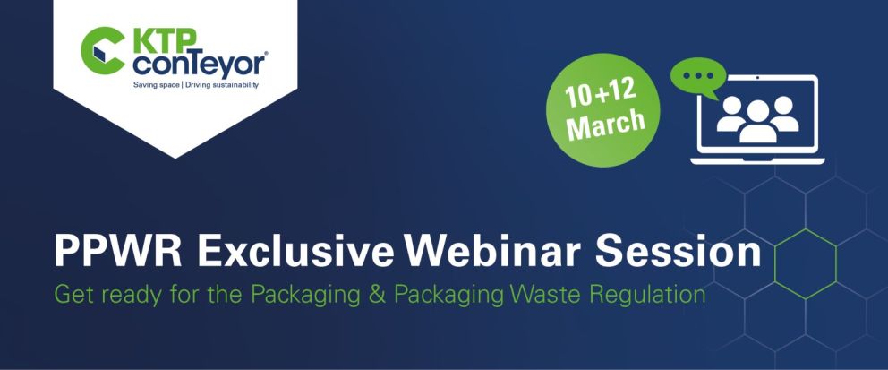 Graphic promoting the "PPWR Exclusive Webinar Session" on the Packaging & Packaging Waste Regulation, scheduled for March 10-12, featuring the KTP conTeyor logo and a laptop icon with participants.