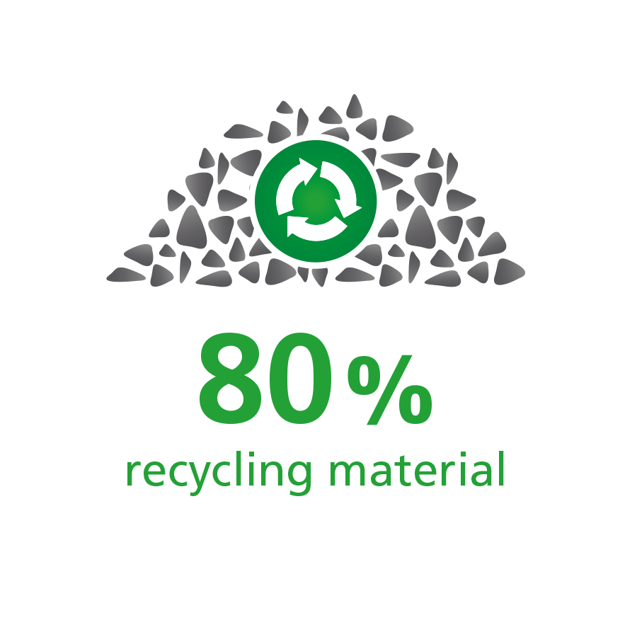 Icon showing 80% recycling material with a recycling symbol surrounded by small stones.