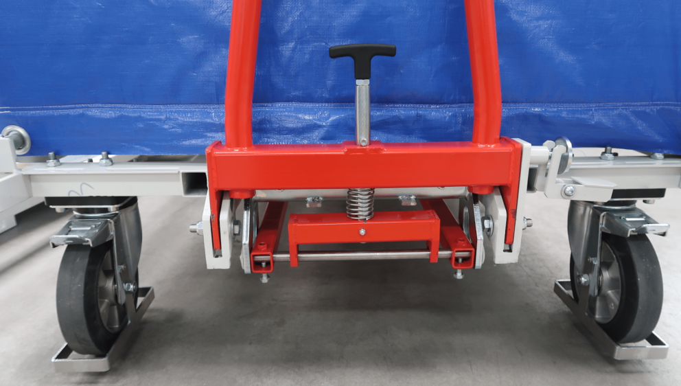 A close up of the cart system of this returnable packaging system