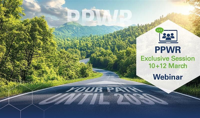 A scenic road winding through lush greenery, with text overlay promoting a PPWR webinar scheduled for March 10+12, emphasizing "Your Path Until 2030."