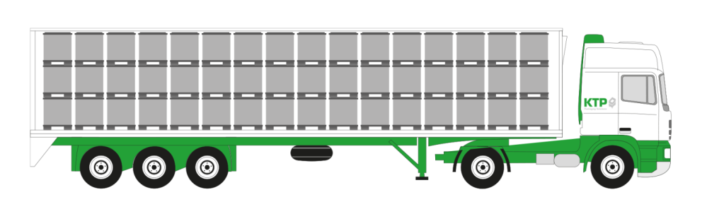 Illustration of a side view of a green and white truck with a large cargo trailer, featuring multiple grey compartments.