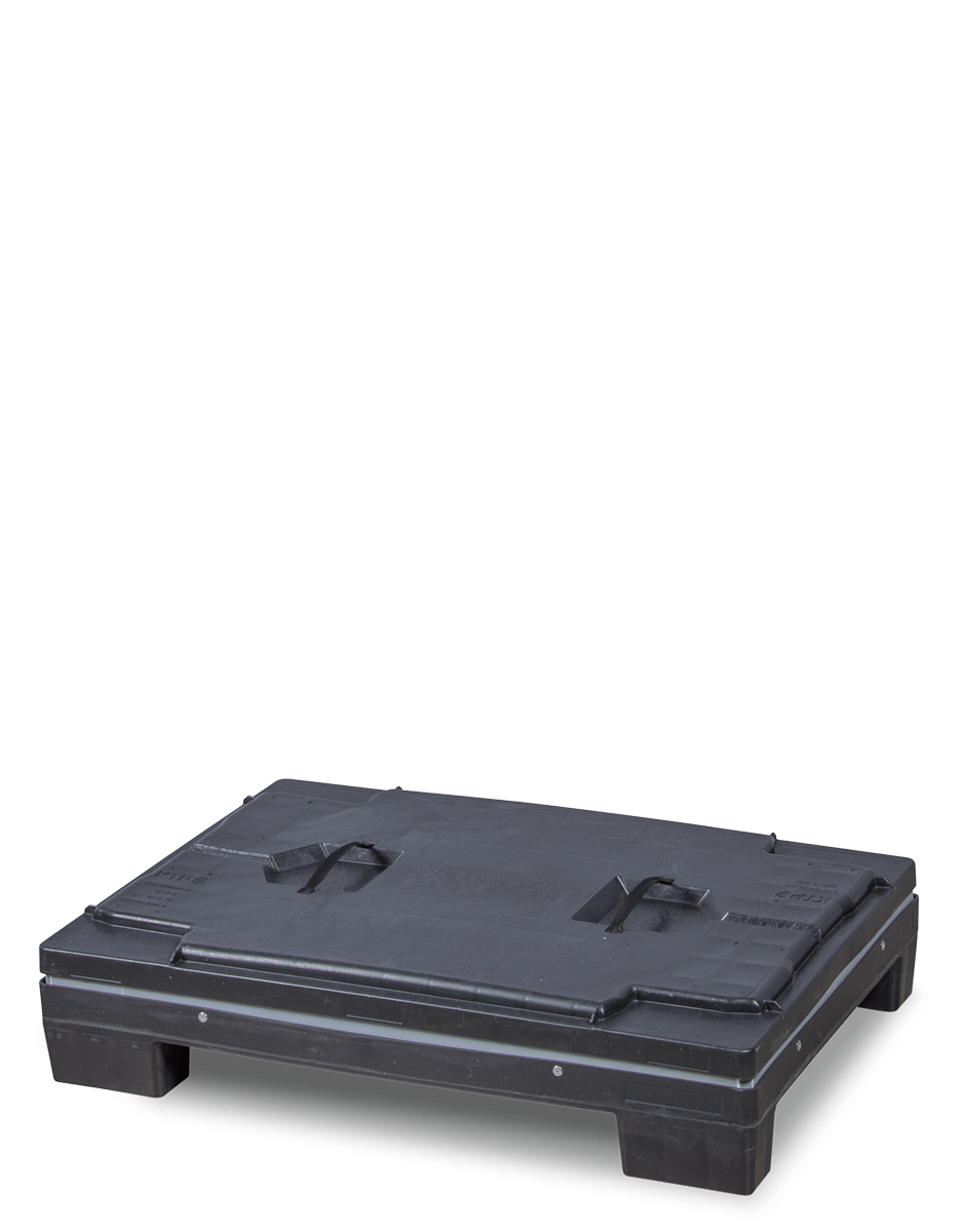Black plastic pallet with handles on the sides, resting flat on a surface.