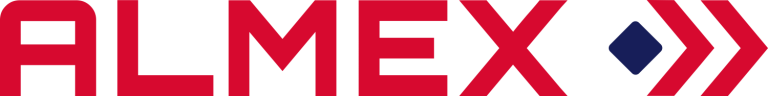 Logo of Almex, featuring bold red lettering with a blue diamond and arrows on the right.
