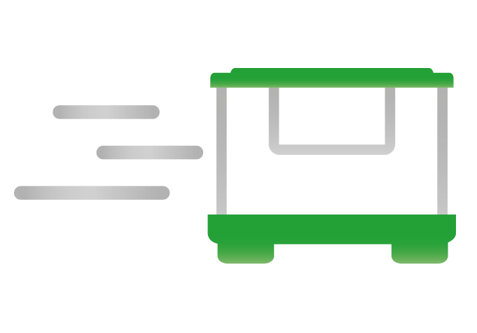 A green and gray stylized illustration of a moving cart with speed lines behind it.