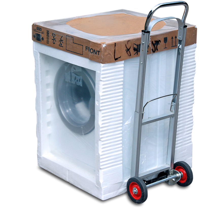 A washing machine packed in protective foam packaging with a cart for transport.
