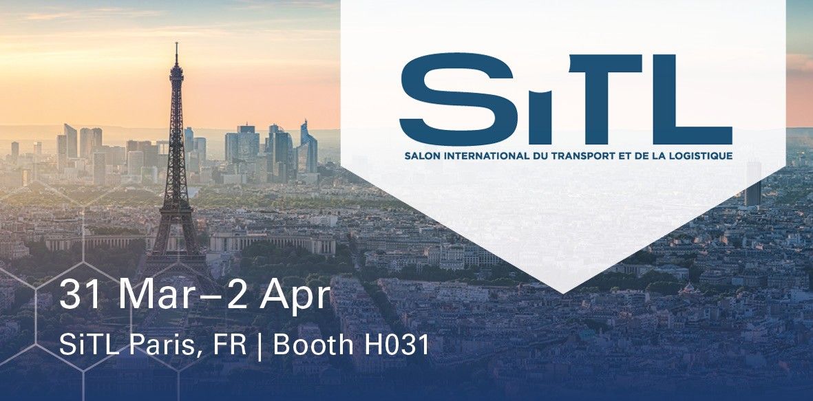 Promotional banner for the Salon International du Transport et de la Logistique (SITL) event in Paris, featuring the Eiffel Tower and city skyline, with dates and booth information.