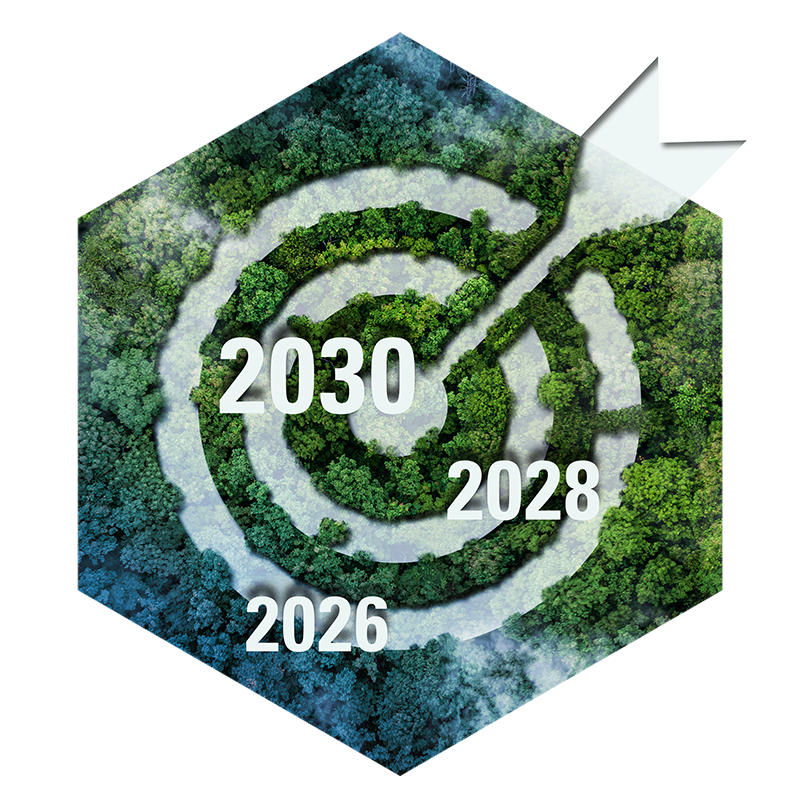 A hexagonal design featuring concentric spiral paths made of greenery, with the years 2026, 2028, and 2030 marked along the paths.
