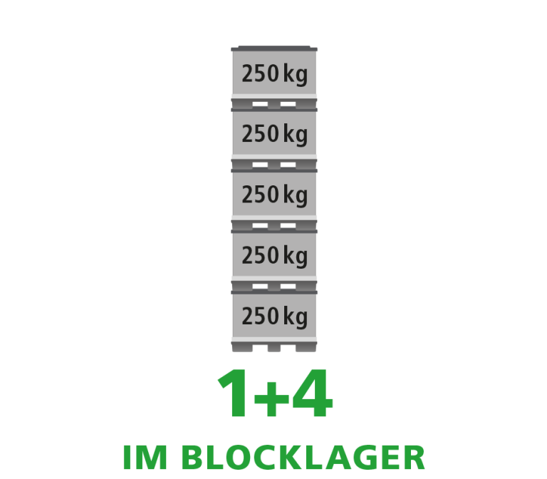 A stack of five weights labeled "250 kg" each, with the text "1+4 IM BLOCKLAGER" prominently displayed at the bottom.
