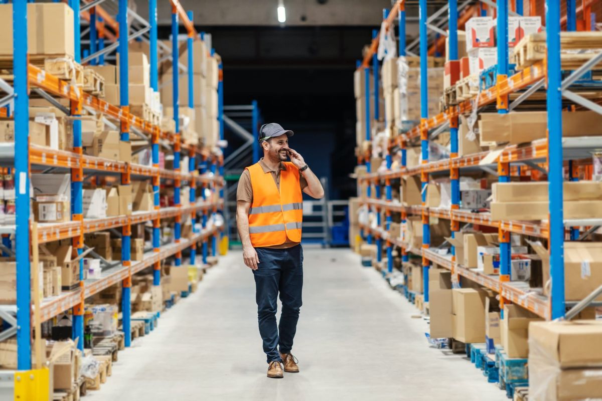 A man walking while on the phone in a warehouse