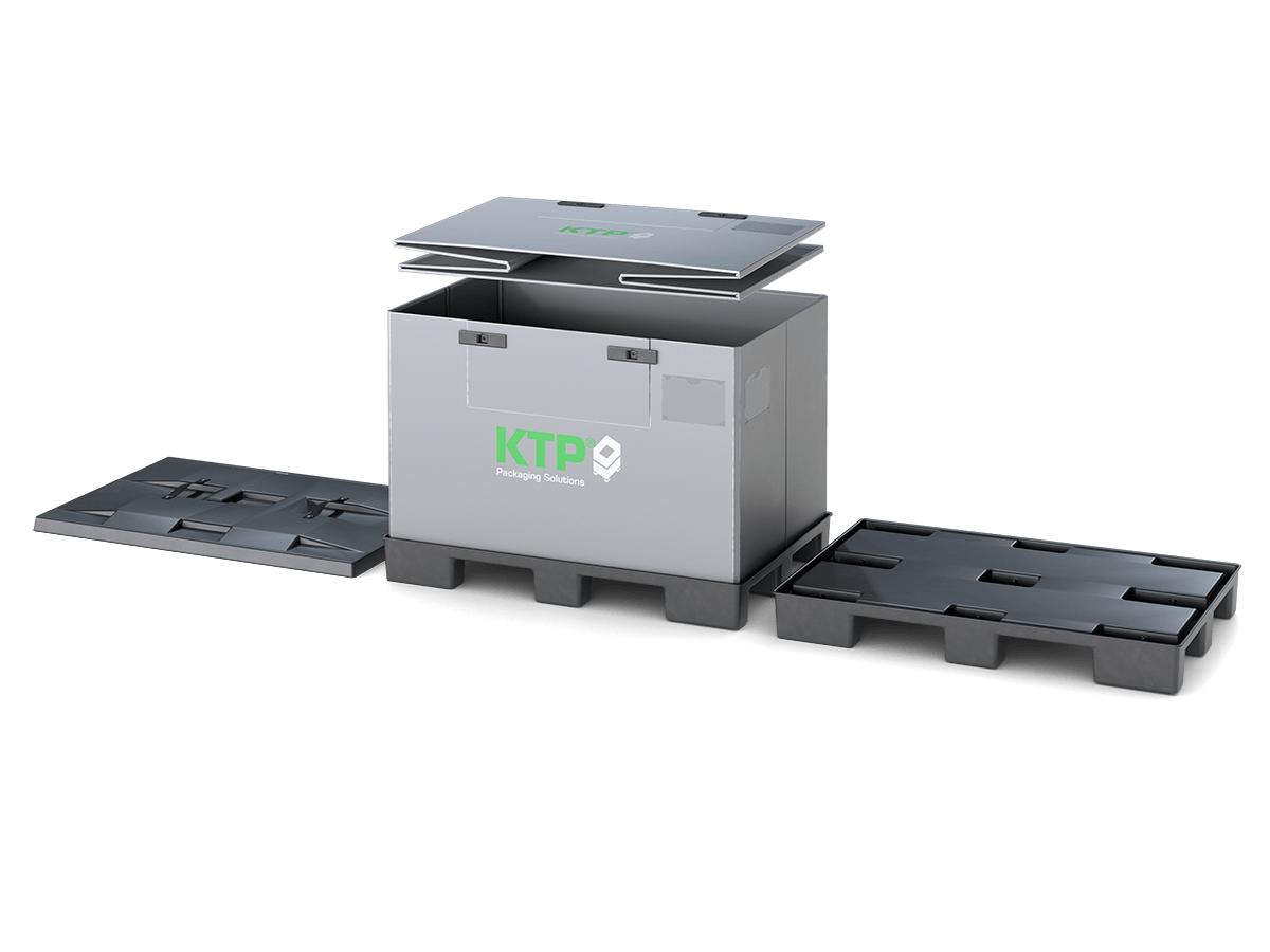 A grey packaging box with removable lids and a pallet base, featuring the logo "KTP Packaging Solutions."